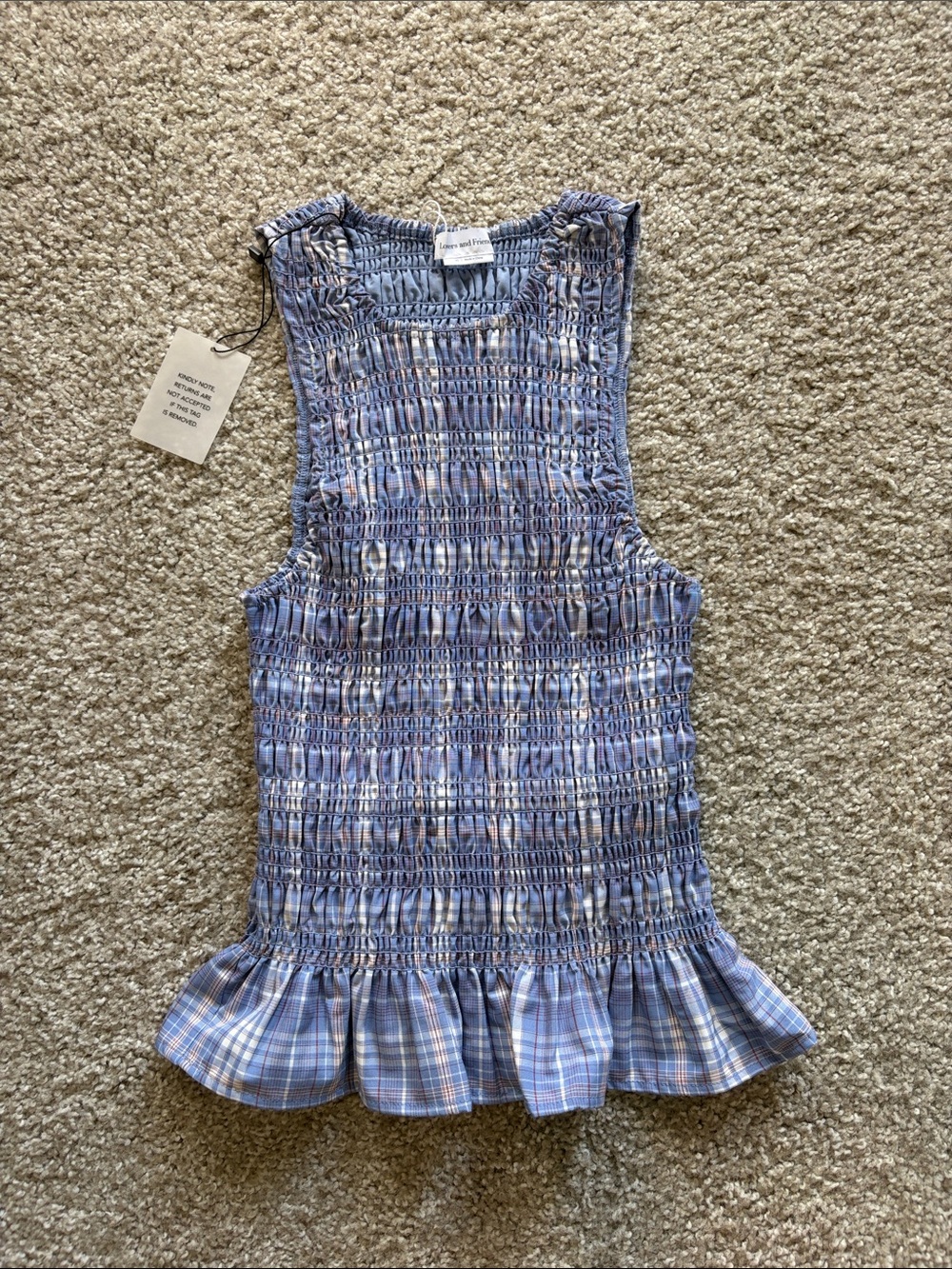 Smocked Blue/Red/White Plaid Ruffle Hem Top